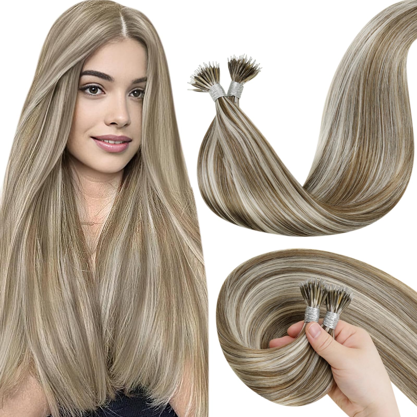 LaaVoo Nano Hair Extensions Real Human Hair 100g Full Head Nano Beads Hair Extensions Highlight Light Brown with Ashy Blonde Invisible Nano Ring Straight Remy Hair 100s 22 Inch #p8/24
