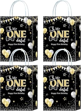Brattol 16 Pieces Mr Onederful First Birthday Party Favors Bags,Baby Boy Gift Snacks Treat Candy Favors Bags with Handles for Boys 1st Birthday Party Decorations