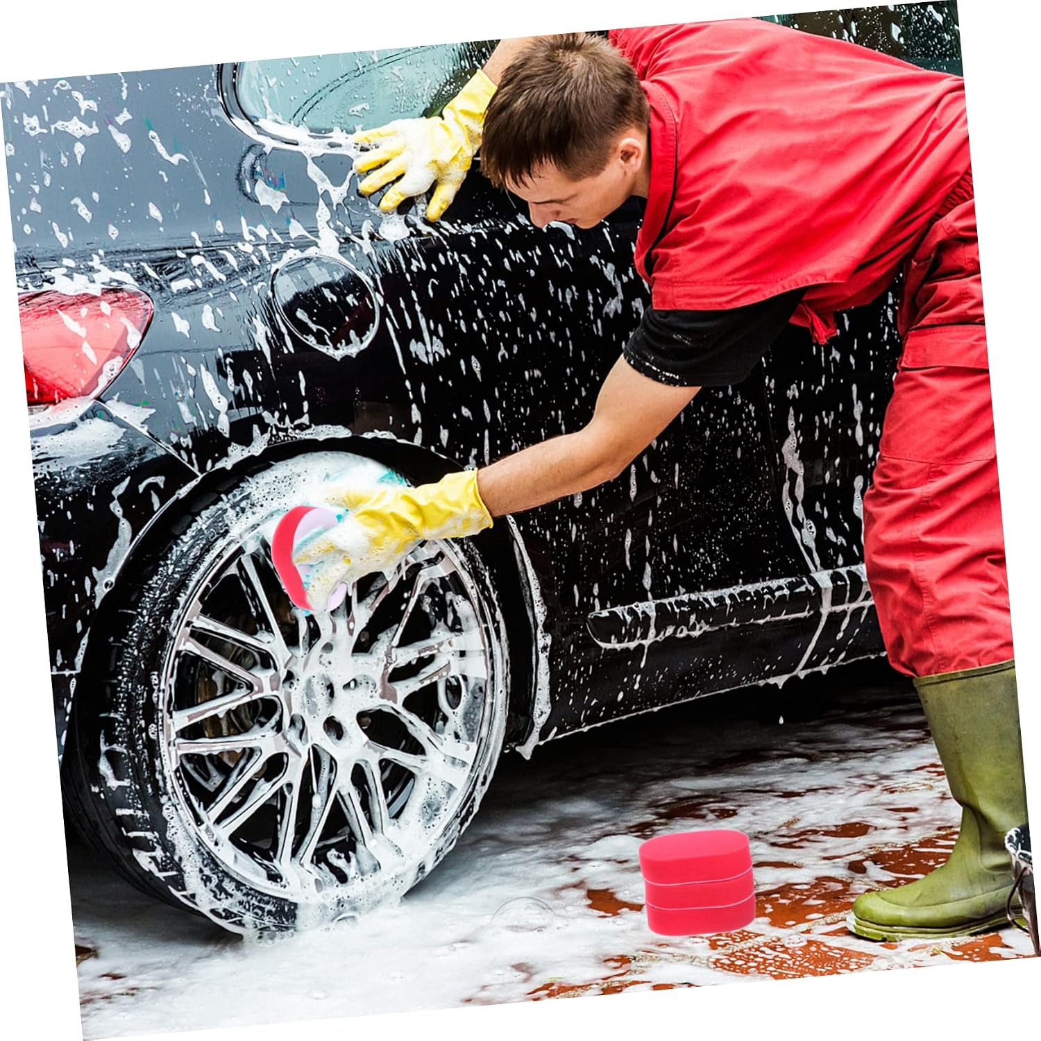 5pcs Car Tire Wax Applicator Set Replaceable Sponge Brush and Handle Efficient Detailing Tool for Tire Dressing and Maintenance