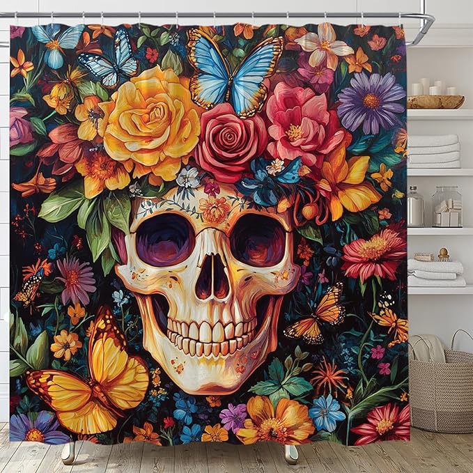 Sugar Skull Shower Curtain Halloween Vintage Colorful Boho Floral Butterfly Spooky Retro Rose Fabric Bathroom Curtain Decor (70
