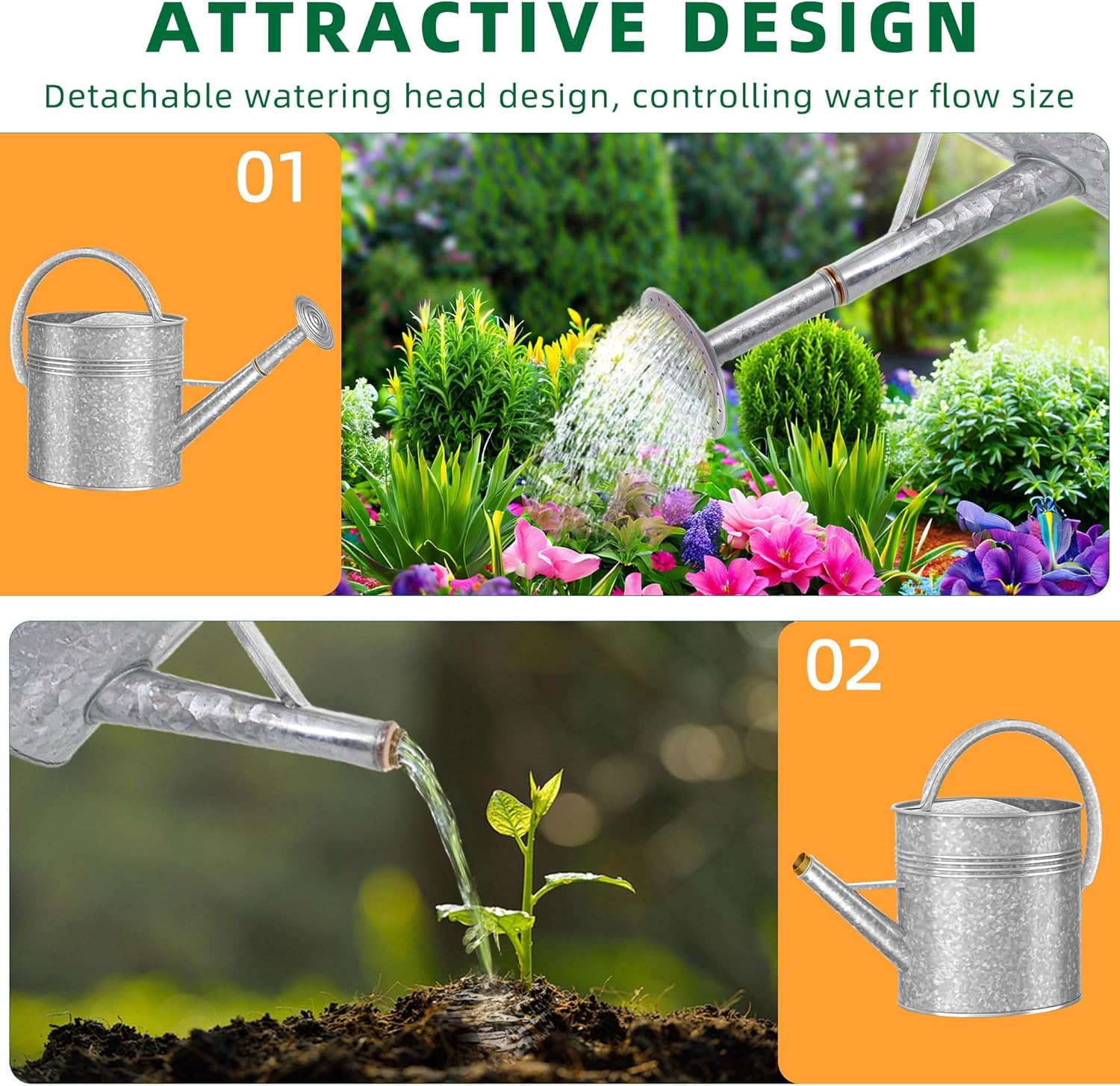 Galvanized Watering Can for Outdoor Indoor Plants, 2.5 Gallon Ellipse Decorative Countryside Style Water Can with Removable Spout, Metal Watering Can for Indoor Plants and Garden Flower