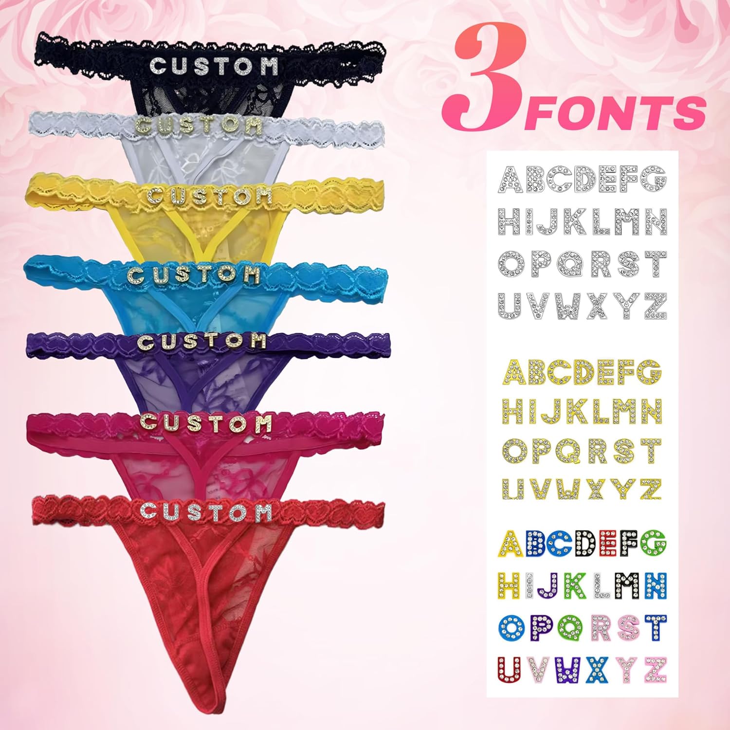 2-Pack Personalized Thongs with Names,Custom Thong with Name On It,Customized Lace Underwear Panties with Rhinestone Shiny Letter Name for Women Girlfriend, custom lingerie with names,Valentines Day - Image 4