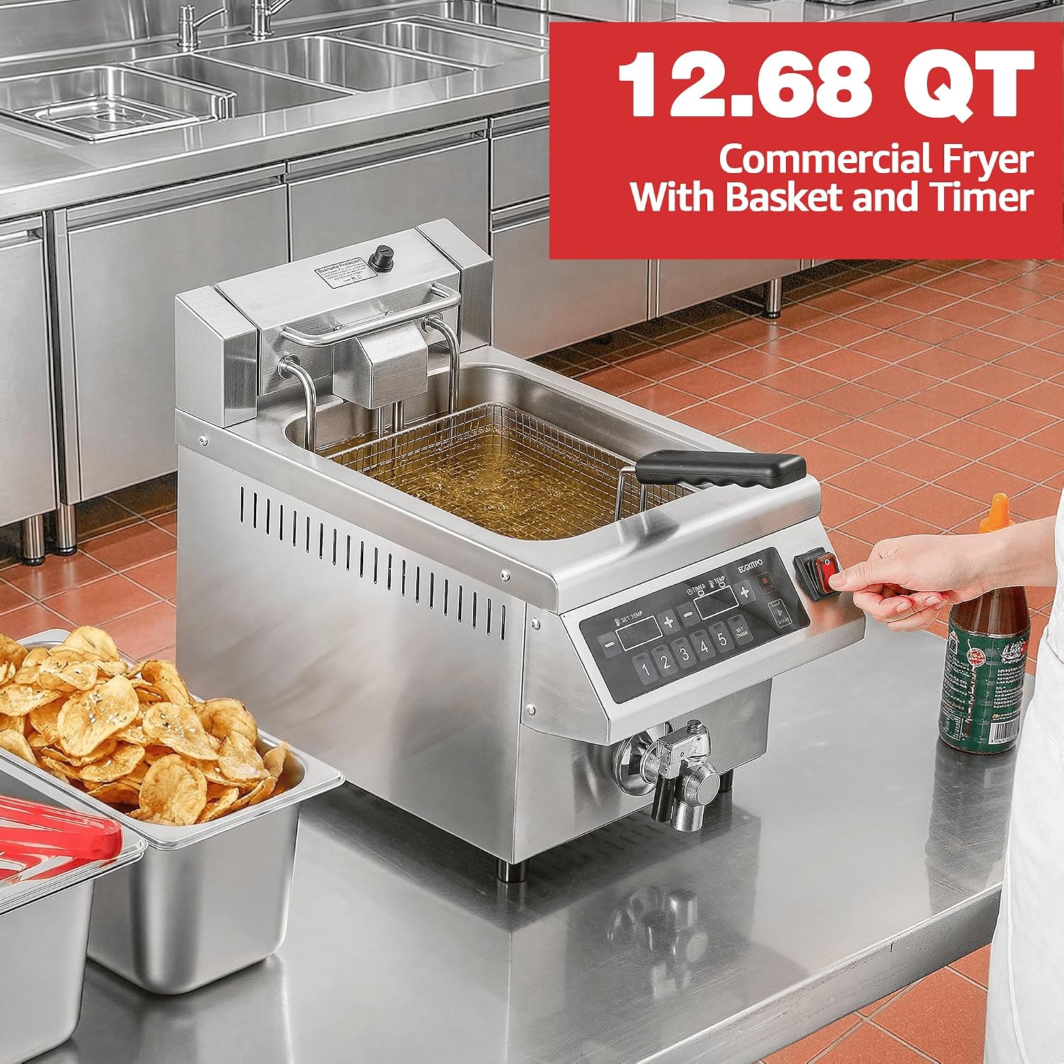 EGGKITPO 12.6QT Commercial Deep Fryer with Timer and Oil Drain 120V 1800W Electric Fryer with Solid Basket, Lid, 304 Stainless Steel Tank Digital Control Countertop Frying Machine for Home Restaurant