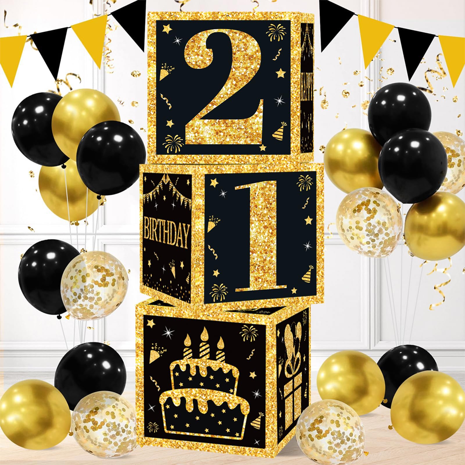 QIFU 21st Birthday Decorations for Him Her - 3pcs 21st Birthday Boxes Black and Gold, 21 Birthdays Party Decoration Supplies Black Gold Table Centrepiece Decorations for Him Her Gift(21 Year Old)