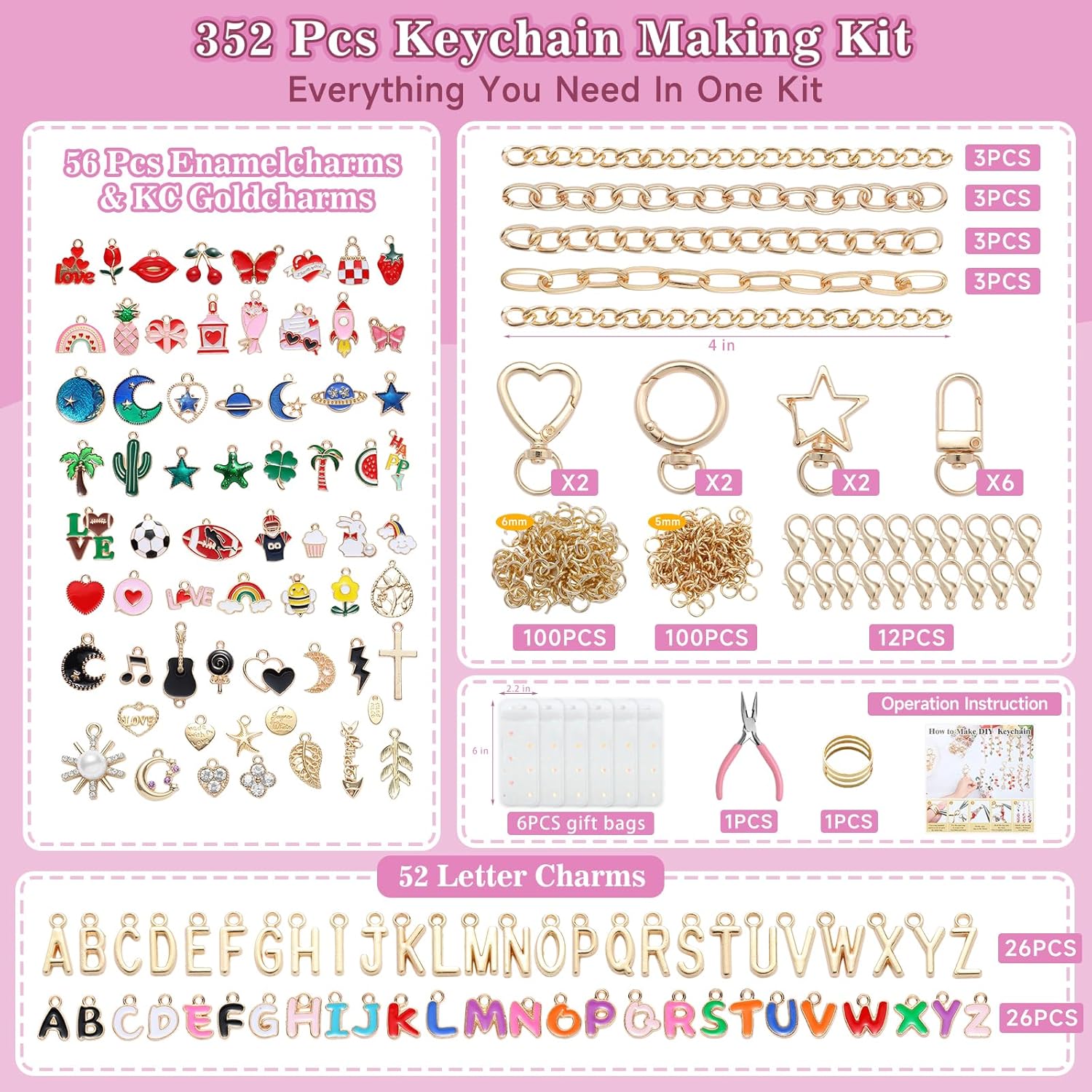 Riwiuue 350Pcs Lip Gloss Keychain Making Kit, DIY Charms Key Chain Making Kit with Bag Charm Supplies, Pendant, Jump Ring, Crab Clip, Pliers, Gift Bag and Tools, Valentine's Day Gift - Image 2