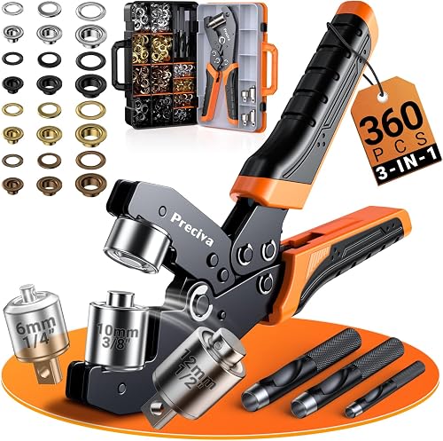 Preciva Kit de Remachadora de Ojales con Cabezales Intercambiables, Herramienta de Engaste con Ojales de 4 Colores de 6/10/12 mm, Alicate Sacabocados con Maletín para Lonas de PVC, Toldos y Cartón