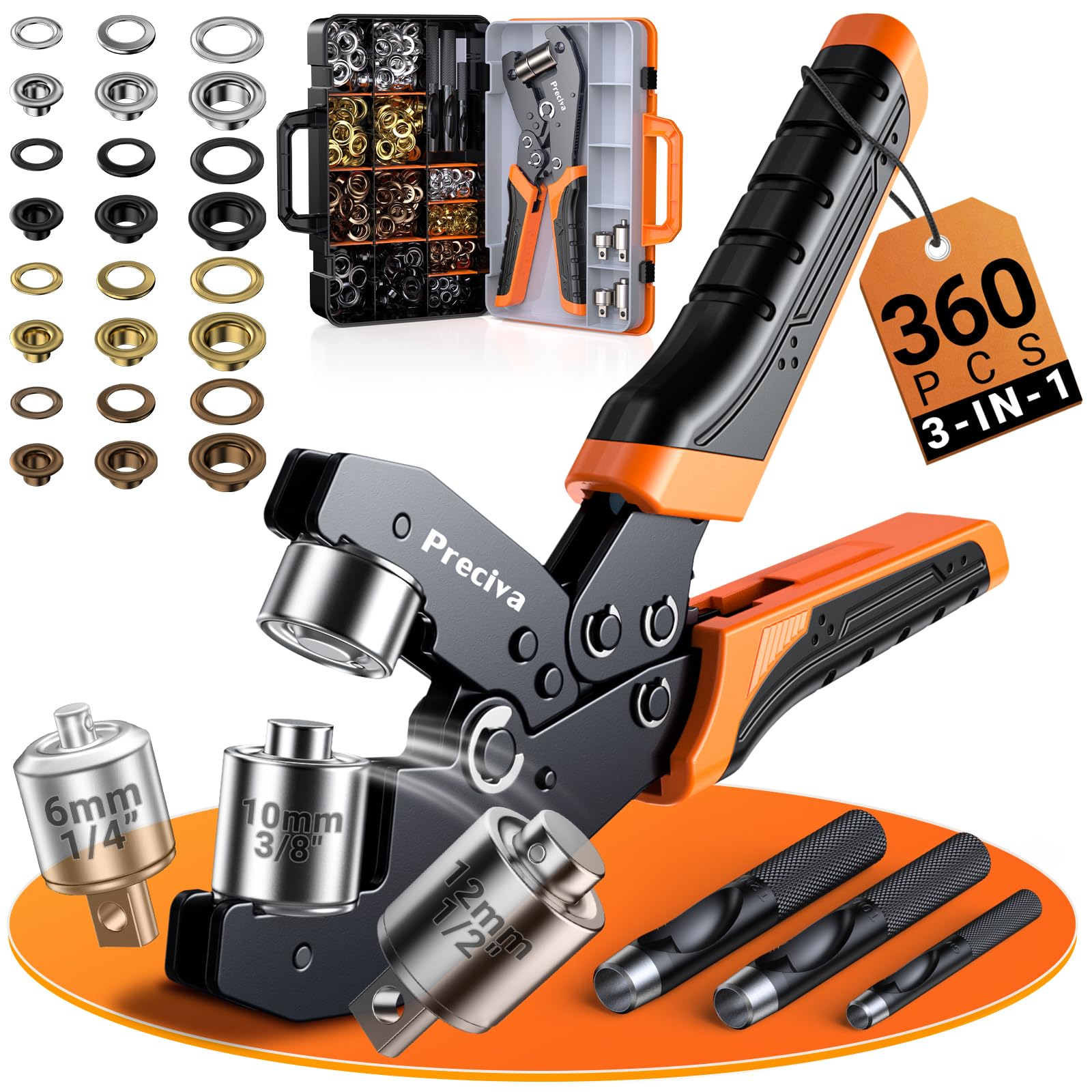 Preciva Ösenzangen Set, austauschbare Zangenaufsätze (6/10/12 mm) | 4 Farben (Silber/Gold/Kupfer/Schwarz), 360 Ösen | Ösenpresse mit Aufbewahrungskoffer – für PVC-Banner, Ölzeug, Pappe