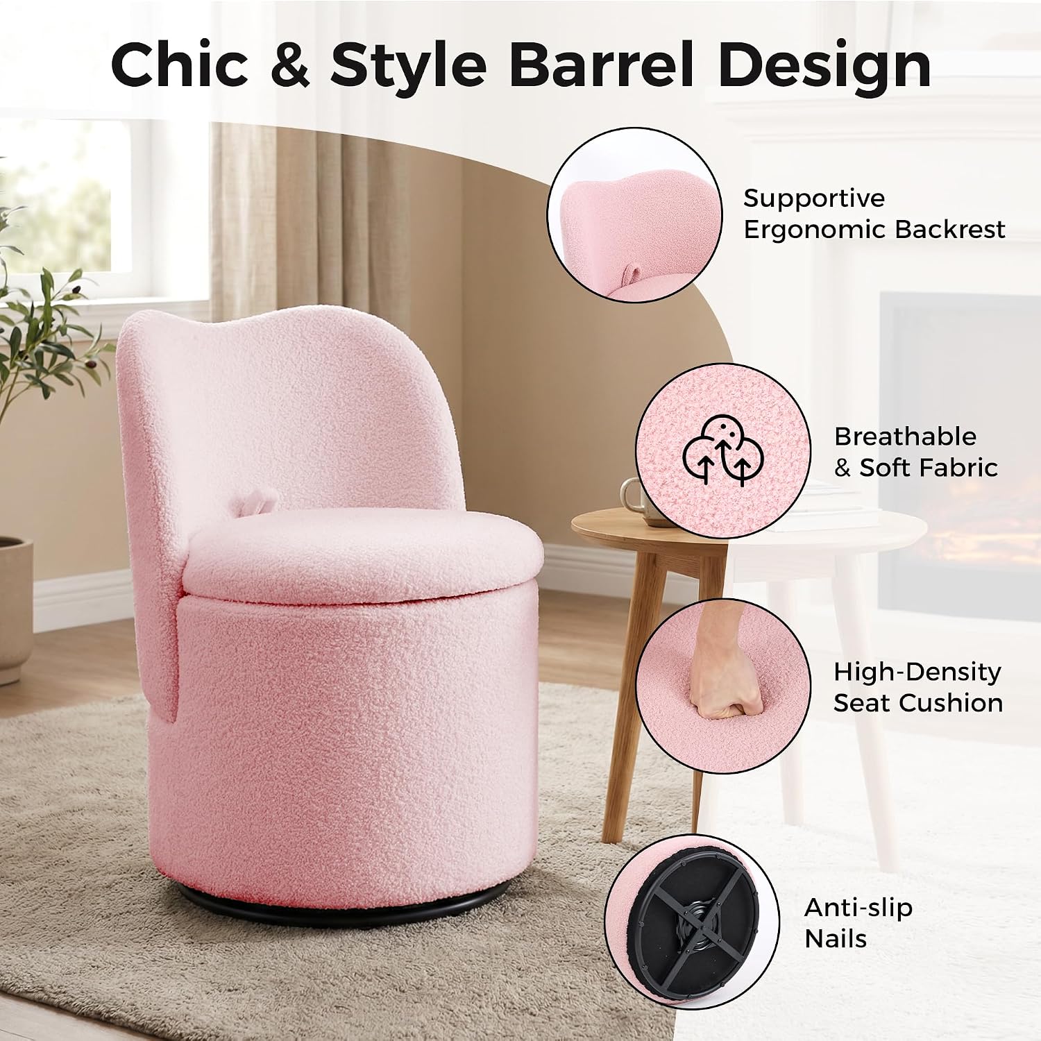 Vanity Chair with Storage, Sherpa 360° Swivel Makeup Chair with Back, Modern Swivel Accent Stool Barrel Chair Upholstered Ottoman Vanity Stool with Back for Bedroom, Dressing, Living Room, Pink