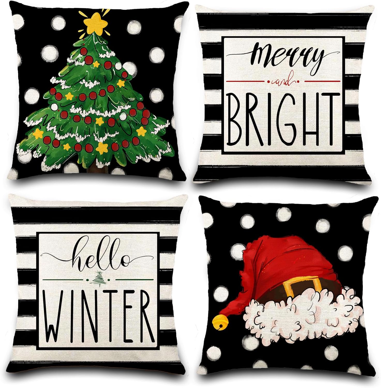 DIYDEC 4PCS Christmas Pillow Covers 18x18 inch Hello Winter Merry Bright Throw Pillow Covers Xmas Tree Hat Black White Striped Dot Decorations Cushion Case for Couch Sofa Outdoor Indoor Home