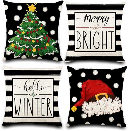 4 fundas de almohada de Navidad de 18 x 18 pulgadas, diseño de Hello Winter Merry Bright, diseño de sombrero de árbol de Navidad, decoración de