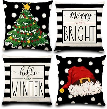DIYDEC 4PCS Christmas Pillow Covers 18x18 inch Hello Winter Merry Bright Throw Pillow Covers Xmas Tree Hat Black White Striped Dot Decorations Cushion Case for Couch Sofa Outdoor Indoor Home
