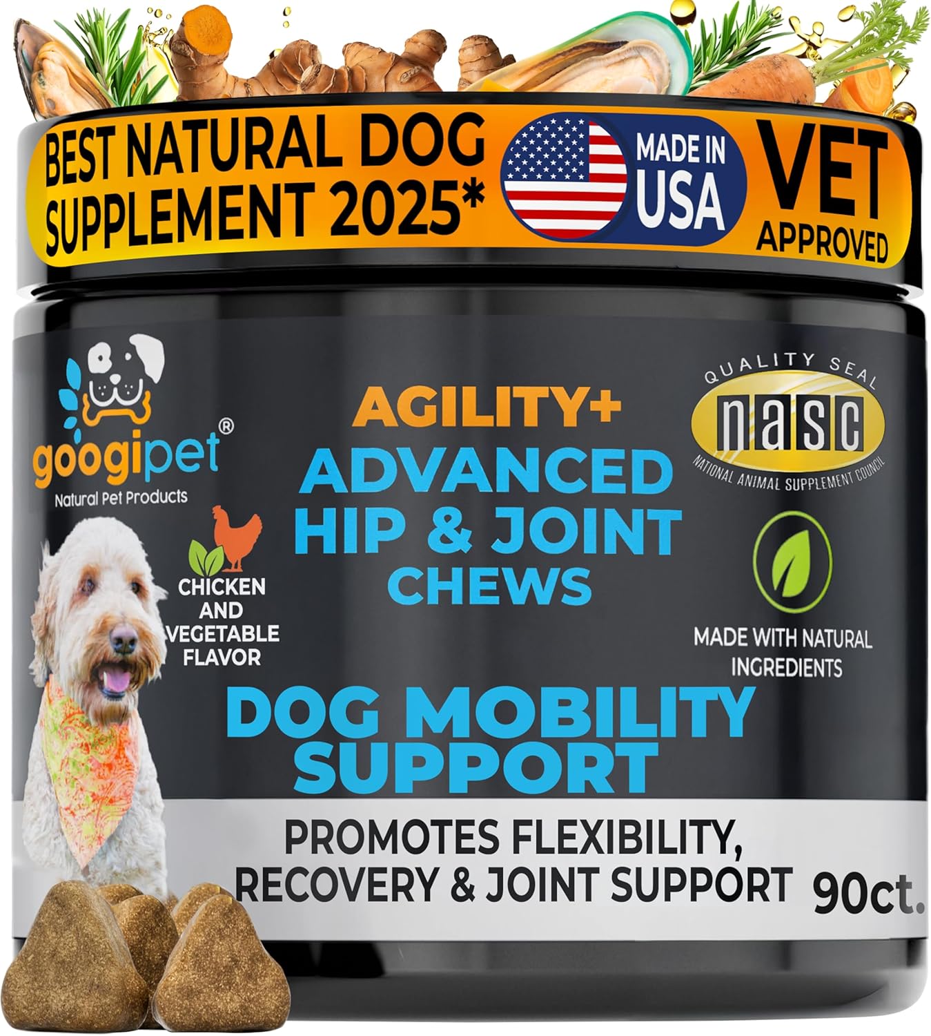 Googipet Premium Hip and Joint Supplement for Dogs - Glucosamine Soft Chews w/Green Lipped Mussels for Dogs, Dog Joint Supplement Turmeric for Mobility, Ages, & Breeds