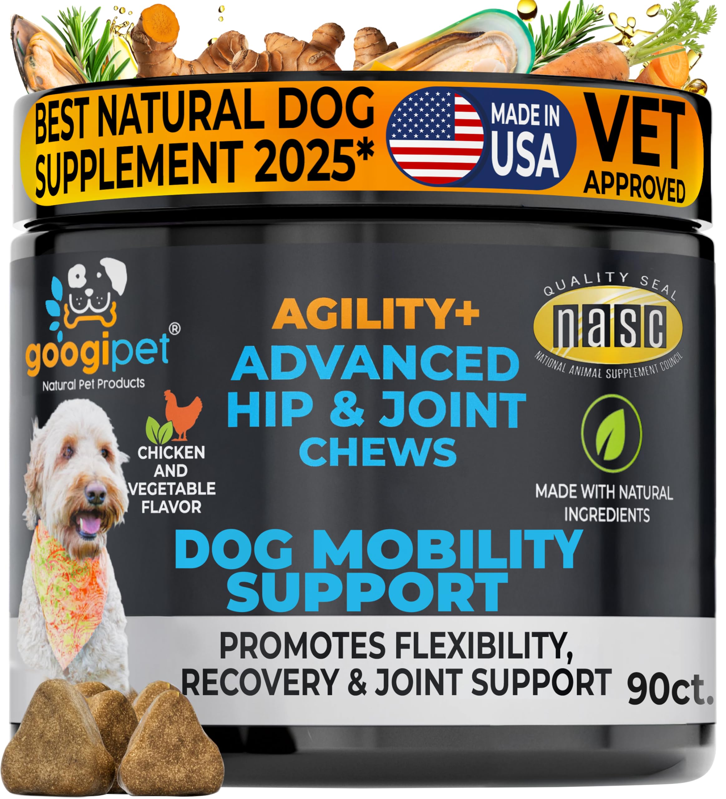 Googipet Premium Hip and Joint Supplement for Dogs - Glucosamine Soft Chews w/Green Lipped Mussels for Dogs, Dog Joint Supplement Turmeric for Mobility, Ages, & Breeds