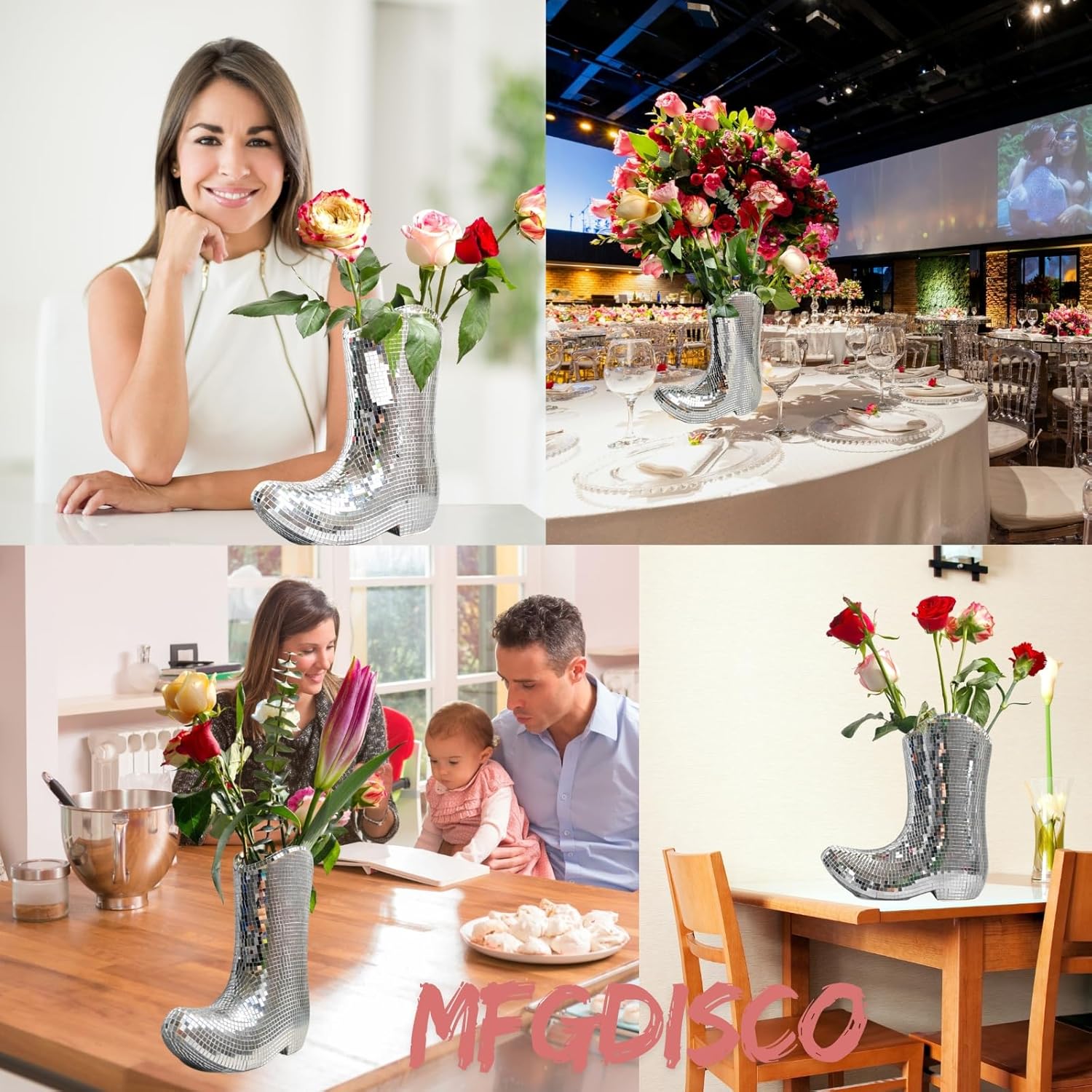 Handcrafted Disco Cowboy Boot Vase - Ceramic & Santiago Disco Ball Modern Western Flower Vase, 9.5inch Santiago Disco Cowboy Boot Home Decor, Unique Gift for Housewarming