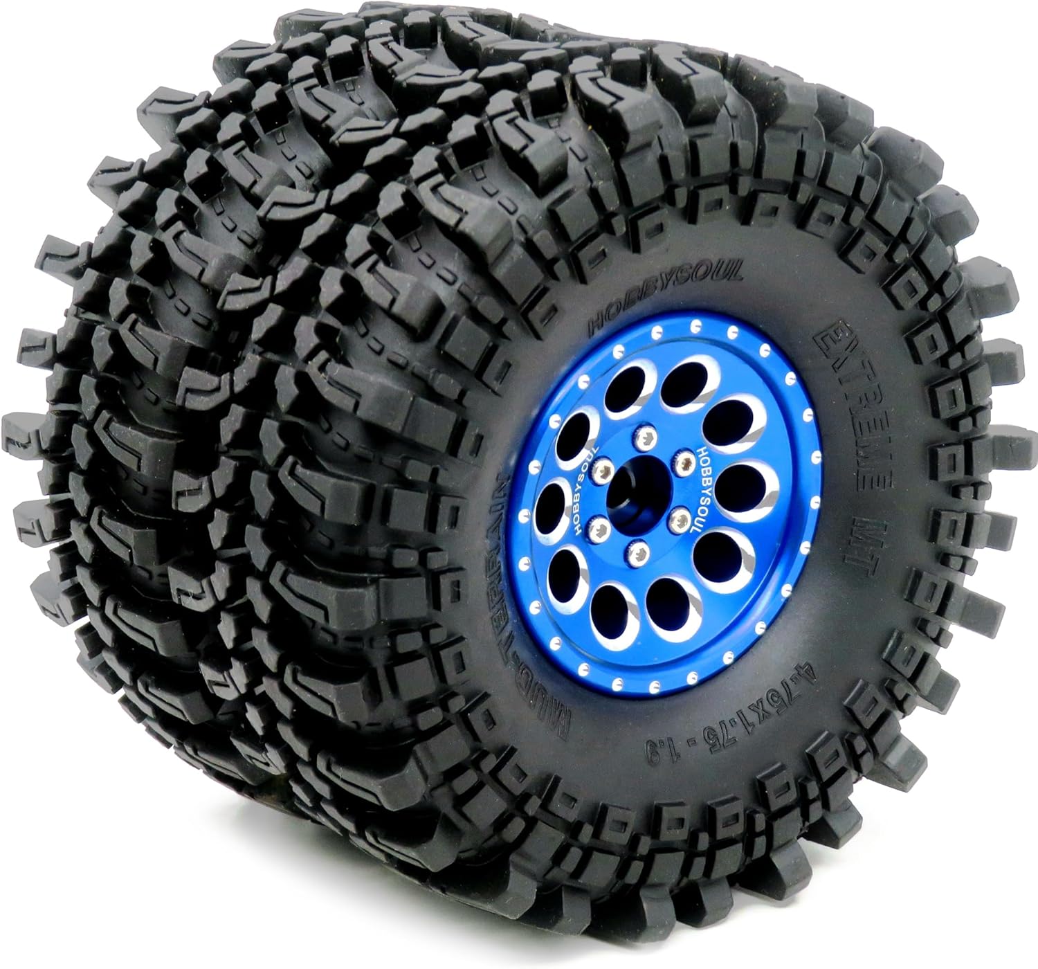 HOBBYSOUL 4pcs RC 1.9 Mud-Terrain Tires Mounted on 1.9 Beadlock Wheels Blue, 1.9 XL Tires 4.75" (121mm) and 1.9 Wheels Fit RC Crawler Redcat Gen8 Traxxas TRX-4 RC4WD D90 Tamiay CC01 Axial SCX10