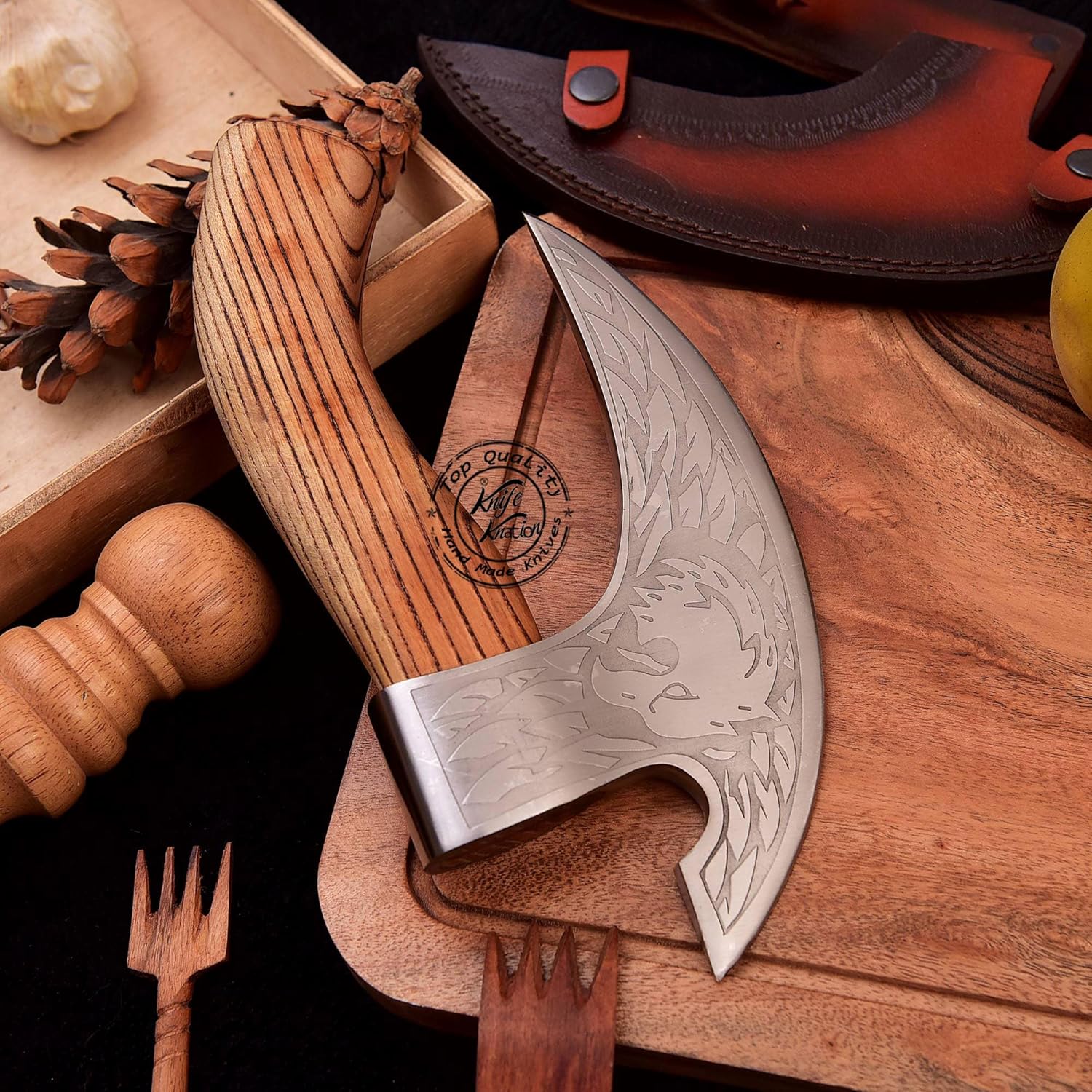 Handmade Viking Pizza Cutter with Ash wood Handle - Super Sharp Carbon Steel Axe Blade - Small Kitchen Knife with Leather Sheath - Gift for Pizza Lovers - 856