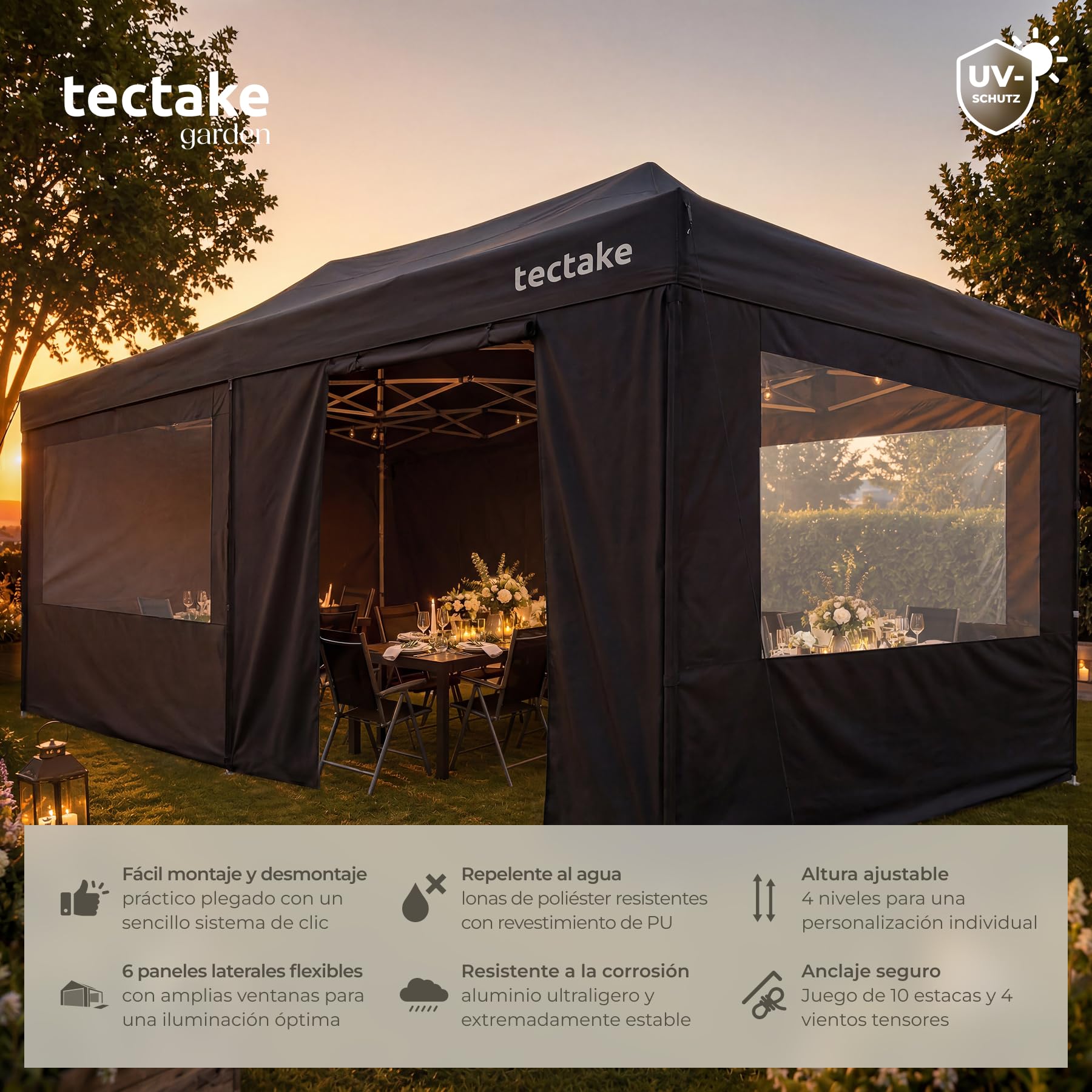 tectake® Carpa Plegable 600 x 300 x 290-316 cm, Cenadores para Jardin, 6 Paneles Laterales Desmontables, 3 Ventanas, Carpas para Exteriores, Pergolas de Jardin, Carpa Playa, Toldo Playa - Negro