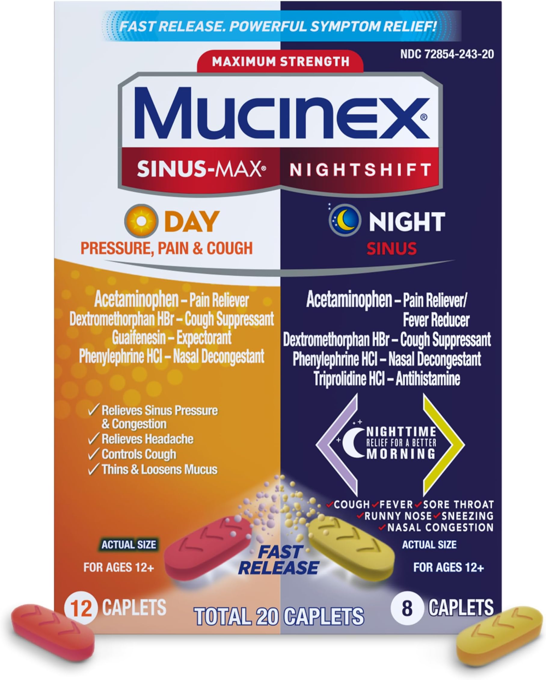 Maximum Strength Sinus-Max (Day) Pressure, Pain & Cough & Nightshift (Night) Sinus Caplets, Fast Release, Powerful Multi-Symptom Relief, 20 caplets (12 Day time + 8 Night time)