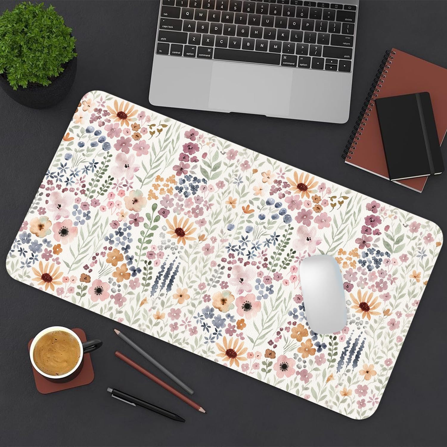 Flower Large Mouse Pad, Floral Desk Matt for Desktop, PU Leather Waterproof Desk Pad, Computer PC Laptop Protector Gaming Mouse Pads for Women Office Decor (31.5" x 15.7")