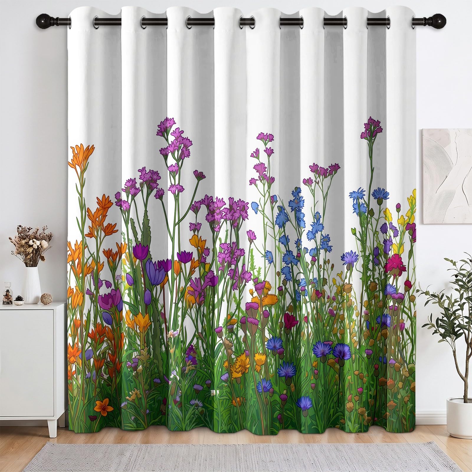 245 x 140 cm (wys. x szer.), wiejskie, botaniczne, zielone liście, dzikie kwiaty, zestaw 2 paneli, wiejskie zasłony zaciemniające do sypialni, salonu, zasłony okienne