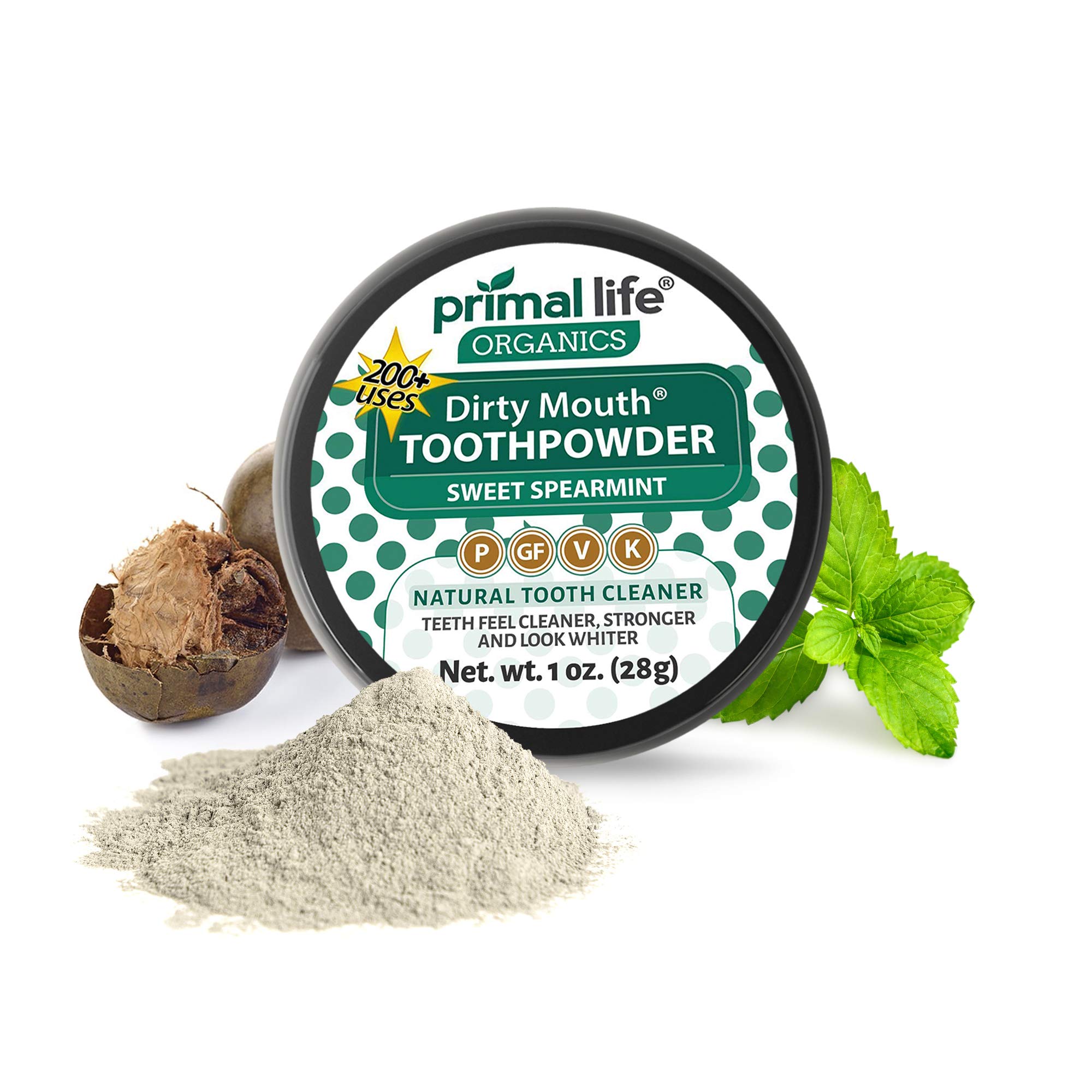 Dirty Mouth Organic Sweet Toothpowder BEST All Natural Dental Cleanser - Gently Polishes, Detoxifies, Re-Mineralizes and Strengthens Teeth - Primal Life Organics (Sweet Spearmint 1oz) 1oz)