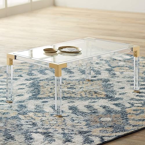 Hanna Modern Glam Cast Acrylic Rectangular Coffee Table 42" x 24" Brilliant Gold Clear Tempered Glass Tabletop Decor for Spaces Living Room Home Entryway House Office - 55 Downing Street