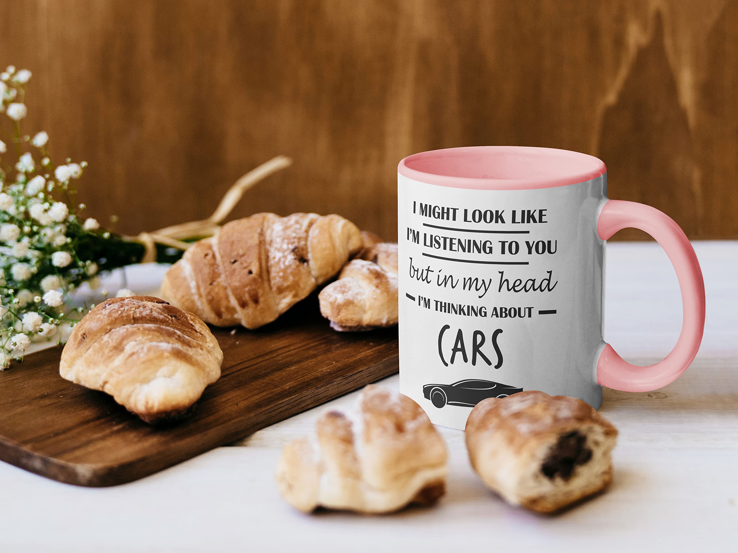 Stuff4 Gifts for Car Enthusiasts - in My Head I'm Thinking About Cars - Funny Classic Car Mug, Gifts for Cars Lovers, Petrol Head Gifts, 11oz Ceramic Dishwasher Safe Premium Pink Handle Mugs - Image 2