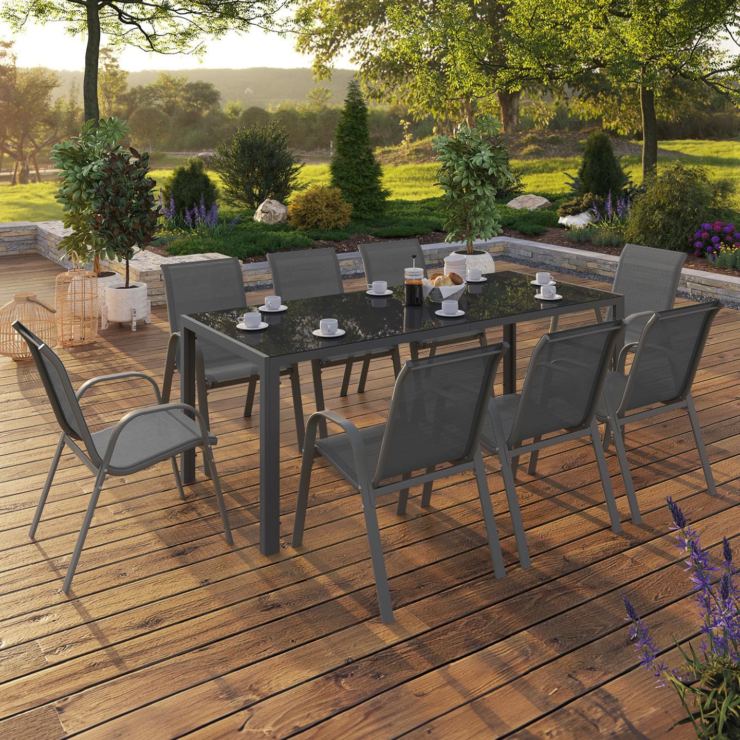 IDMarket - Conjunto de jardín Madrid, mesa de 190 cm y 8 sillas apilables gris antracita