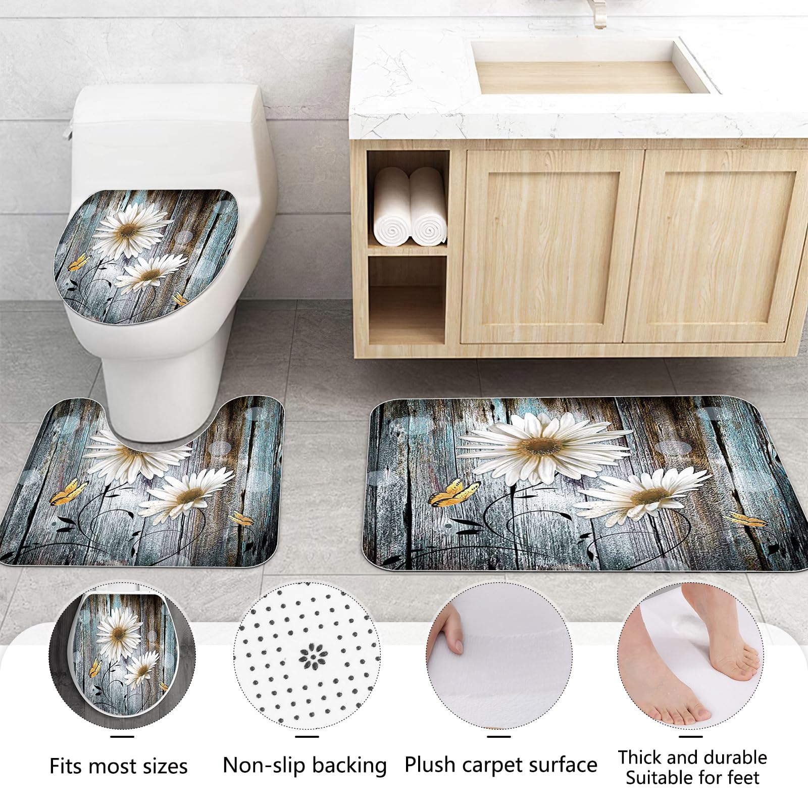 APROPHIC Juego de 4 cortinas de ducha con diseño de margaritas blancas y retro, juego de baño con cortina de ducha y alfombra, alfombrilla para tapa de inodoro y almohadilla en forma de U, lavable con