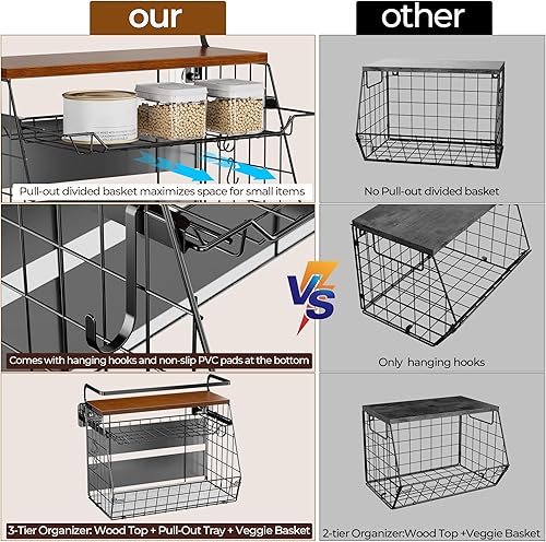 Miniatura 4 de Delamu Estante magnético para refrigerador con tapa de madera, cesta de frutas extraíble de 3 niveles, organizadores de despensa para refrigerador,