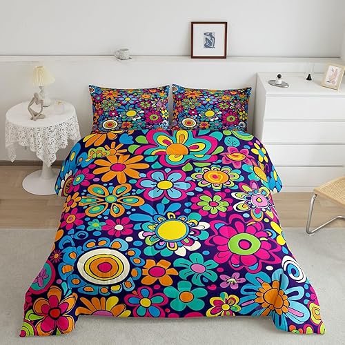 Feelyou Juego de edredón de flores hippie retro, tamaño individual, 60S y 70S, Groovy edredón para adolescentes, dibujos animados, vintage, bohemio,