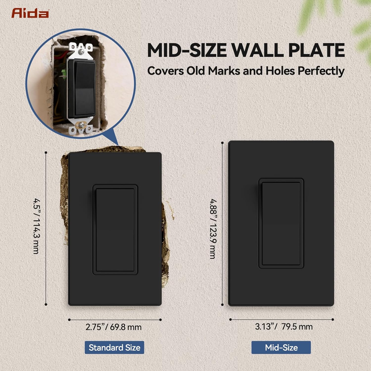 AIDA Single Pole Rocker Decorator Light Switch, 15 Amp Self-grounding Electrical Light Switches, Wall Plate Included, Residential Grade, UL Listed (10 Pack, Matte Black)