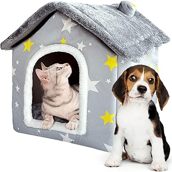 KUDES Dog House Kennel Foldable Pet Bed Tent for Cats Small Medium Dogs, Indoor Enclosed Warm Plush Sleeping Nest Cat Basket Puppy Cave Sofa with Removable Cushion Travel Pet Accessories