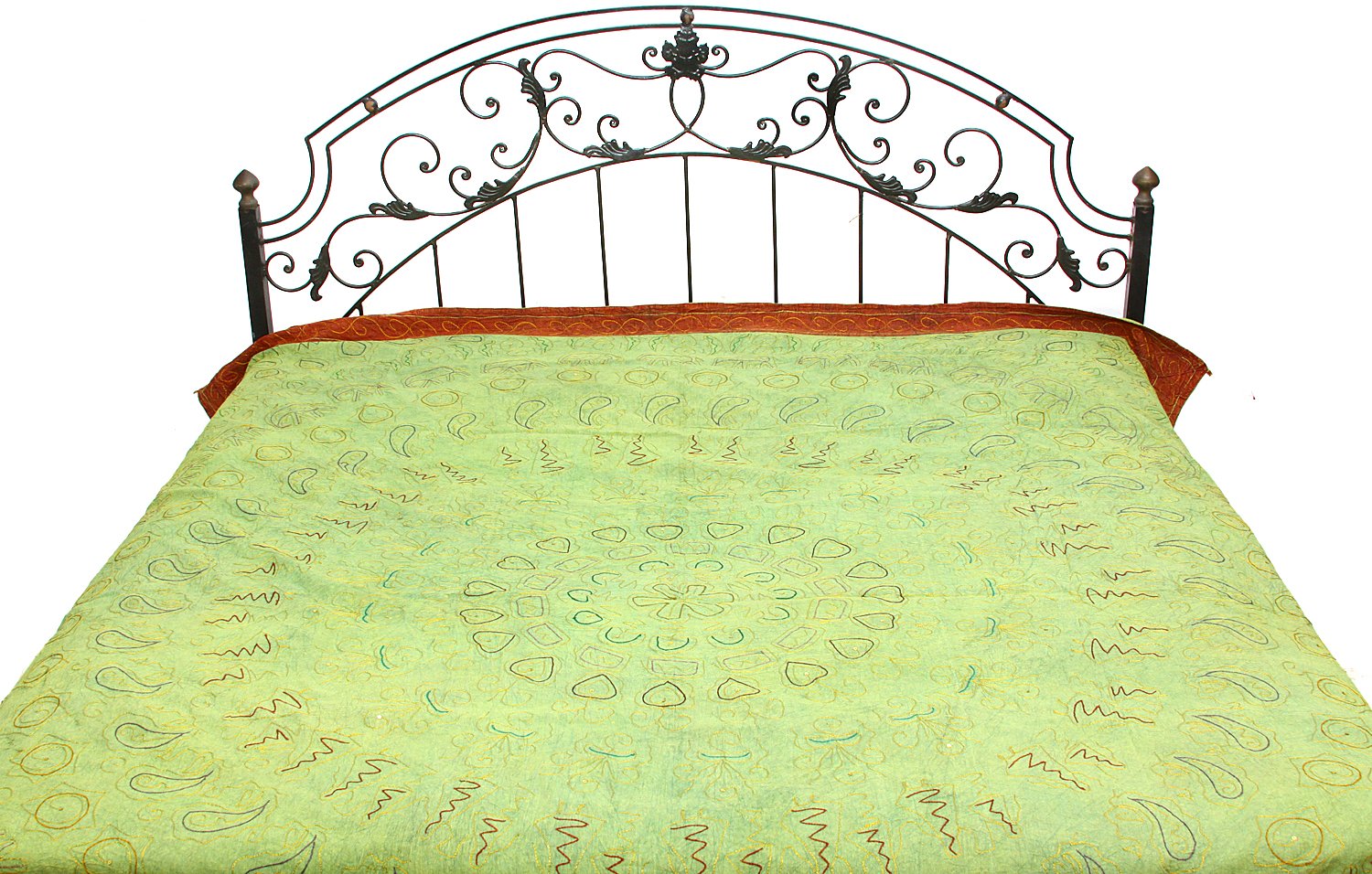 Exotic India Ming-Green Stonewashed Bedspread with Ari-Embroidery All-Over in Golden Thread - Pure C-picture-11