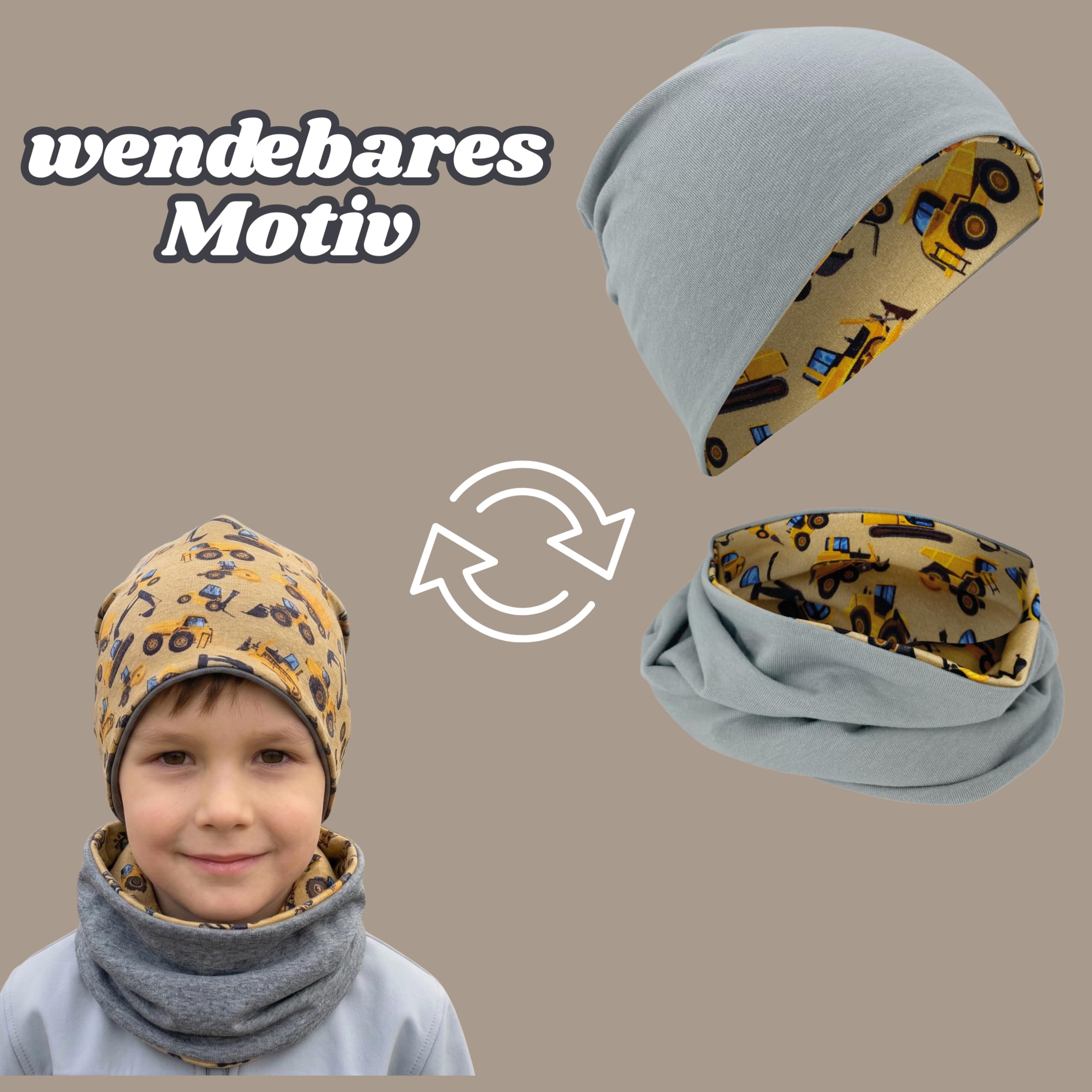 HECKBO Kinder Beanie & Loop Schal Set - mit Vlies oder Jersey - unisex Mädchen Jungen - 95% Baumwolle - Herbst Frühling Winter
