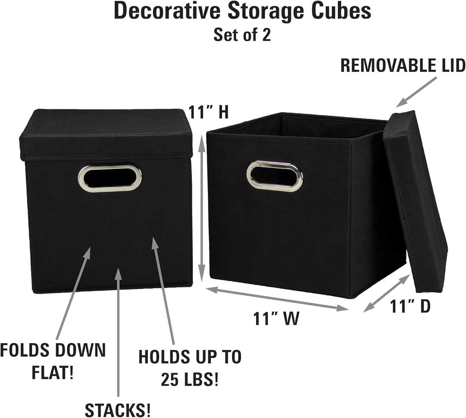 Household Essentials 34-1 Decorative Storage Cube Set with Removable Lids | Black | 2-Pack