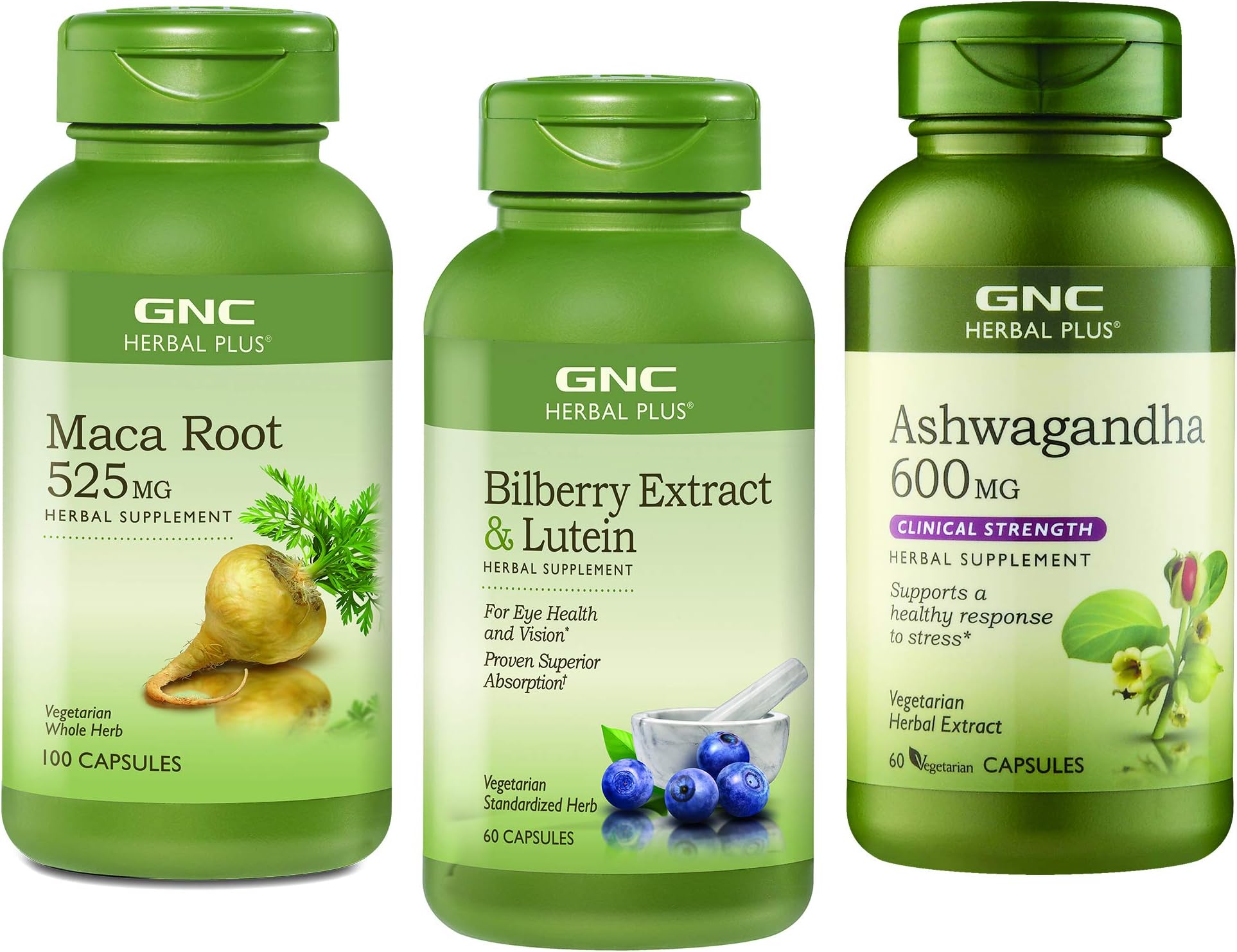 GNC Herbal Plus Adaptonic Bundle - Maca Root 525mg, Bilberry Extract & Lutein and Ashwagandha 600mg, Relieves Stress and Supports Eye Health