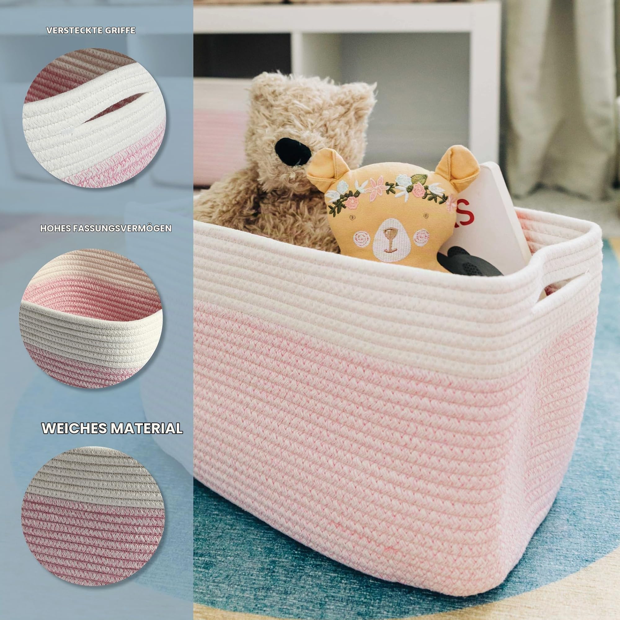 OrganiHaus Aufbewahrungskorb Rechteckig Geflochten, Körbe Aufbewahrung Wohnzimmer, Kinderzimmer, Badezimmer, Deko Korb, Faltbar mit Griffen für Decken 