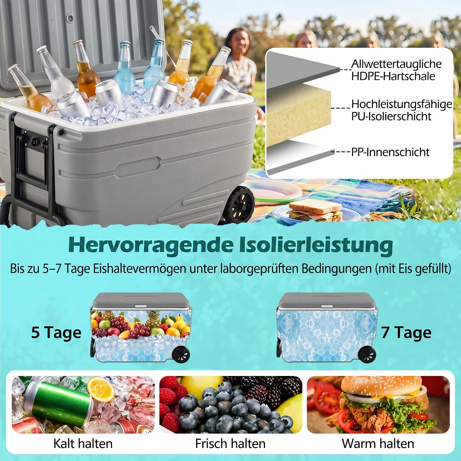COSTWAY Przenośna lodówka na kółkach, 98 l, odporna na warunki atmosferyczne, ze składanym uchwytem i 2 lekko poruszającymi się kółkami, czas chłodzenia do 5-7 dni, outdoorowa chłodnica lodu na
