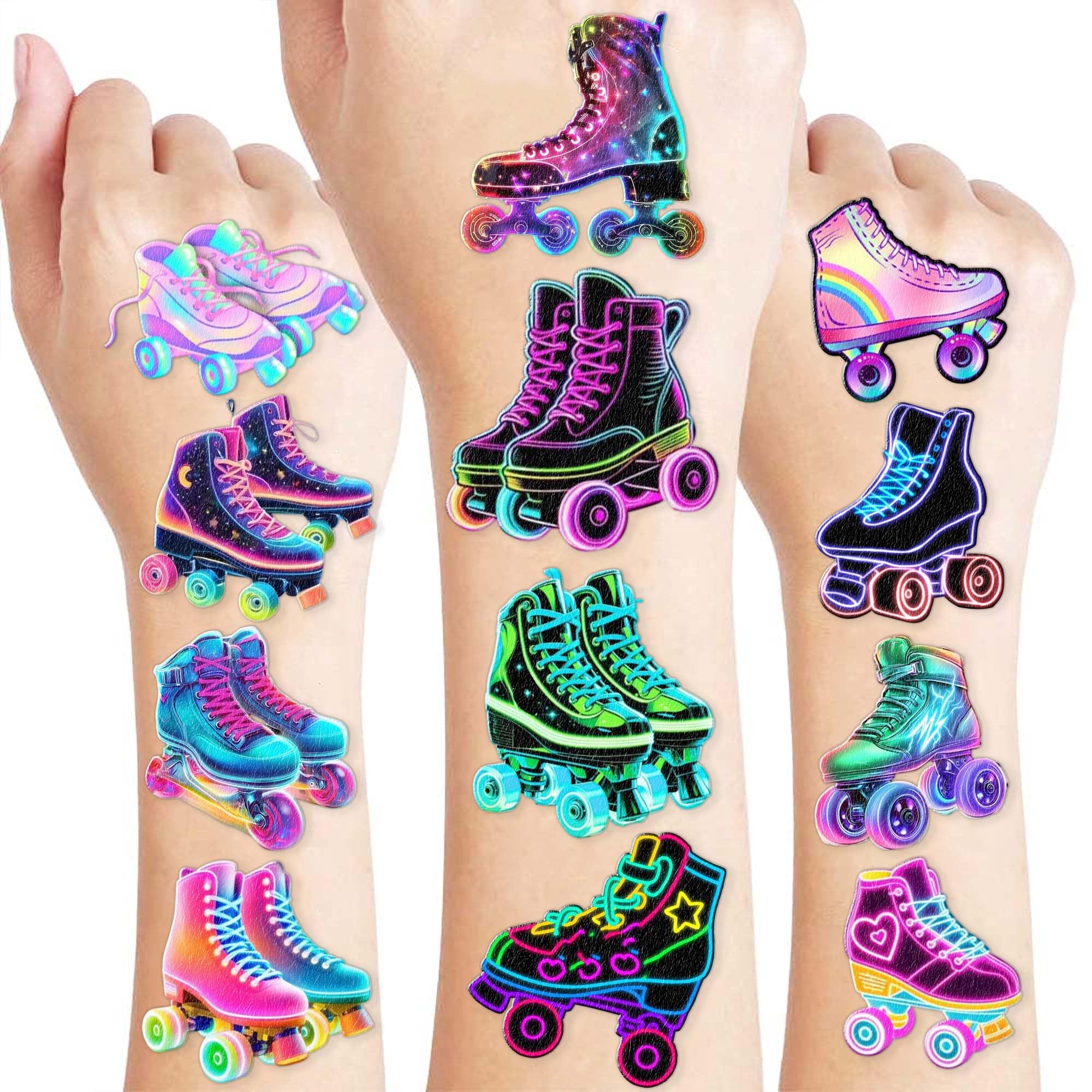 8 Sheets (96PCS) Neon Roller Skate Temporary Tattoos 80s 90s Theme Birthday Party Decorations Supplies Favors Stickers for Kids Girls Boys Gifts
