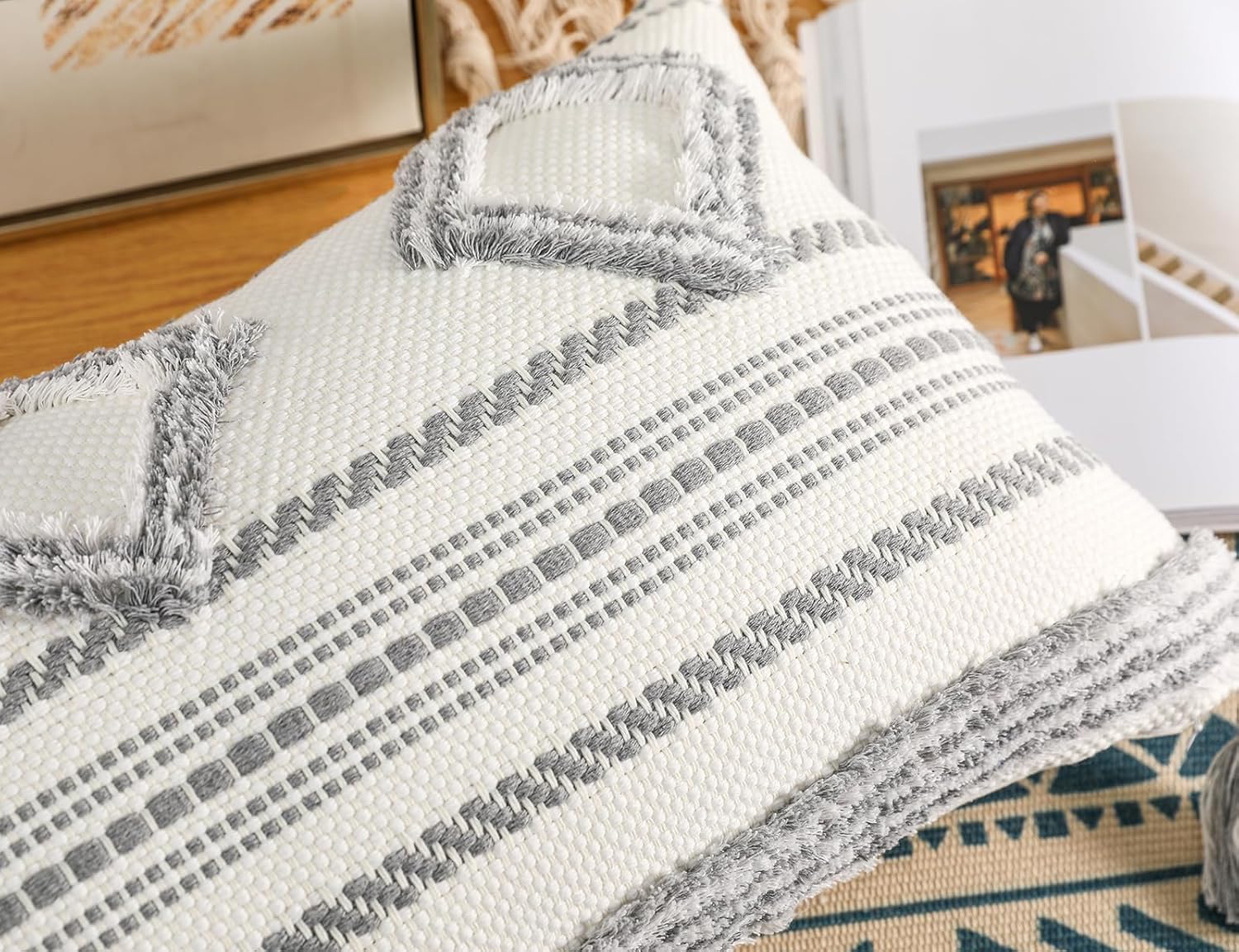 Grey and White Boho Long Lumbar Pillow Cover 16 x 36,Cotton Tufted Decorative Extra Long Lumbar Pillow Case Cover for Bed Sofa Couch Livingroom Farmhouse,Modern Accent