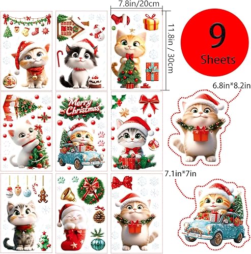 Miniatura 2 de Calcomanías de gato para ventana de Navidad, 9 hojas de decoración de Navidad, campanas de árbol de gato, calcomanías para fiestas de vacaciones
