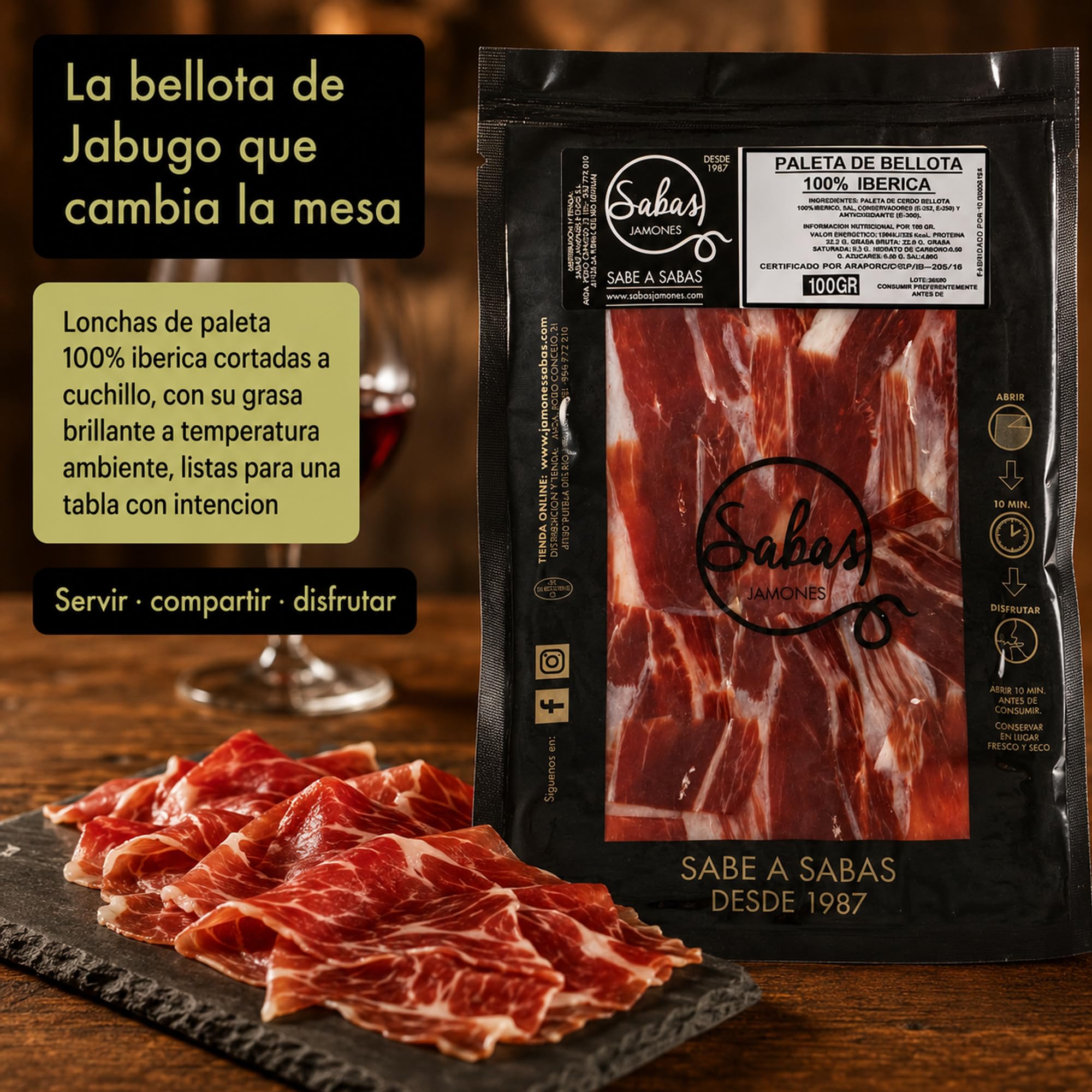 Paleta de Bellota 100% Iberica de Jabugo Cortada a Cuchillo 5 Sobres 100 g | Jamon iberico loncheado pata negra al vacio; curacion 30 meses, Sierra Huelva. Para tabla, aperitivo, cesta y regalo