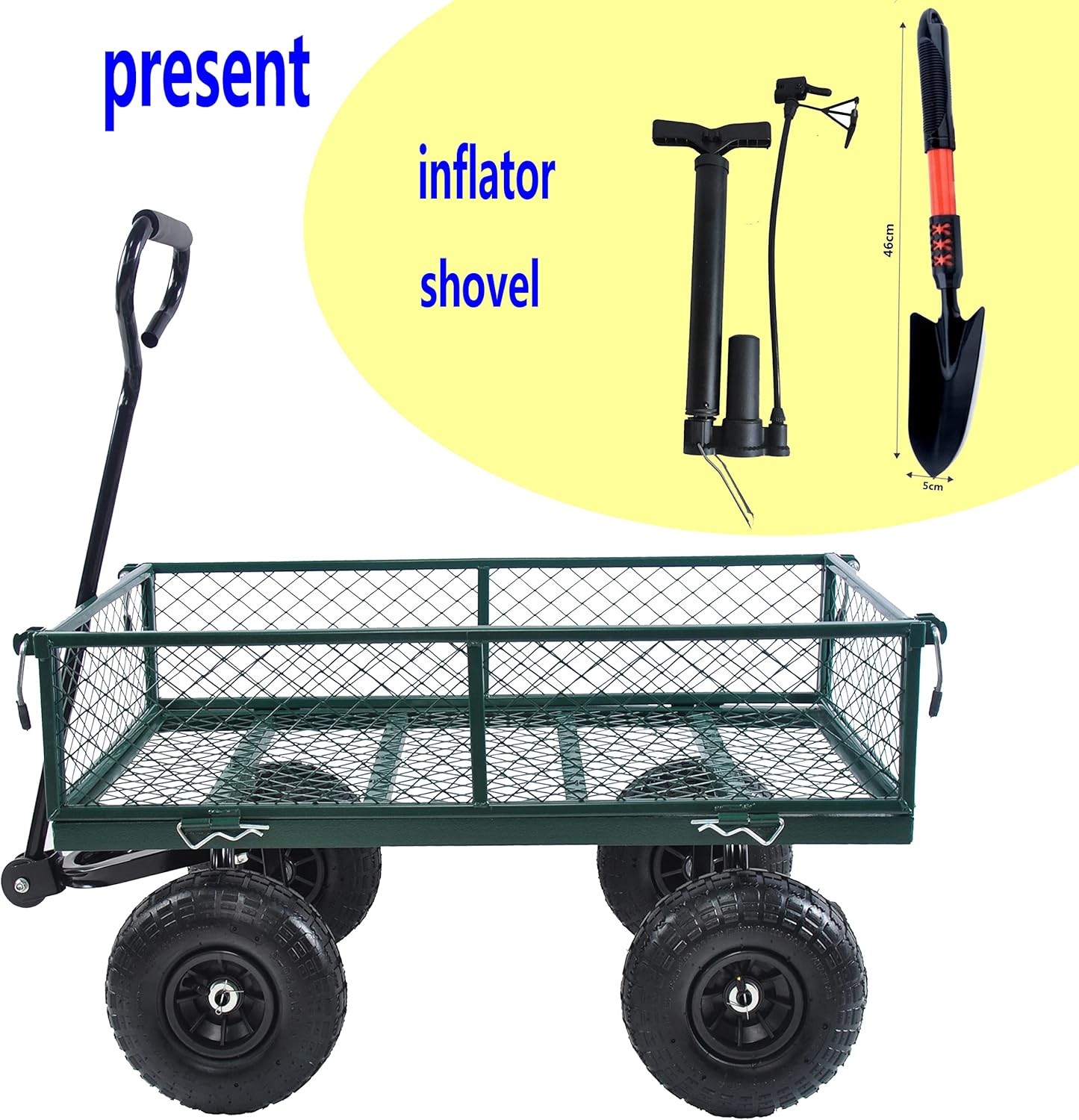 Heavy Duty Detachable Utility Wagon Garden Trucks, Garden Trolley with Inflator & Shovel, 10" Pneumatic Tires Removable Sides, for Transport Firewood, Plants, Chicken Feed, Potted Soil (DarkGreen)