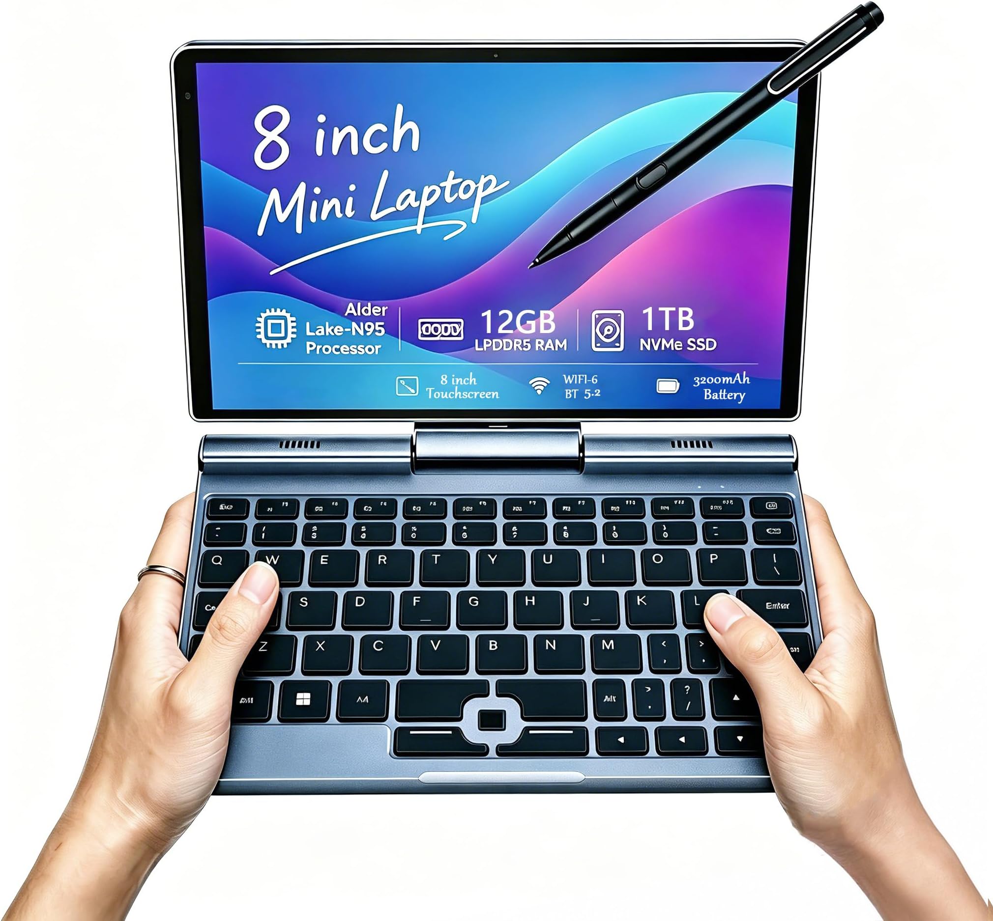8 Inch 2-in-1 Mini Laptop,HD Rotatable Touch Screen Support Handwriting Windows 11 Pro Small Laptop,Intel N100/N150,12GB RAM, 1TB SSD,Wi-Fi 6, BT 5.2,2 MP Camera,G-Sensor,HDMI,Type C Ultra Pocket PC