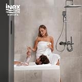 INEX EUROPA Black - Grey Titanium Square Shower Column with 4 Simultaneous Modes - Adjustable Height for Family Use - Elegant Modern Bathroom Look - Hand Shower with Bathtub Faucet - 10 Year Warranty - 6