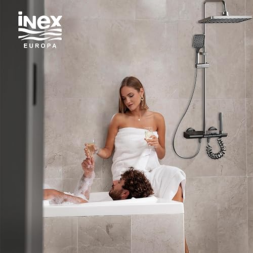 INEX EUROPA Black - Grey Titanium Square Shower Column with 4 Simultaneous Modes - Adjustable Height for Family Use - Elegant Modern Bathroom Look - Hand Shower with Bathtub Faucet - 10 Year Warranty - 6
