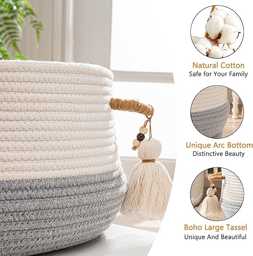 Miniatura 10 de KAKAMAY Cestas tejidas para almacenamiento (16 x 8 pulgadas), cesta de manta para organizar la sala de estar, cesta de cuerda de algodón tejida para