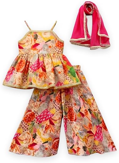 KidsFlower Girls Ethnic Wear Floral Printed Sharara Set with Dupatta, Festive Occasion
