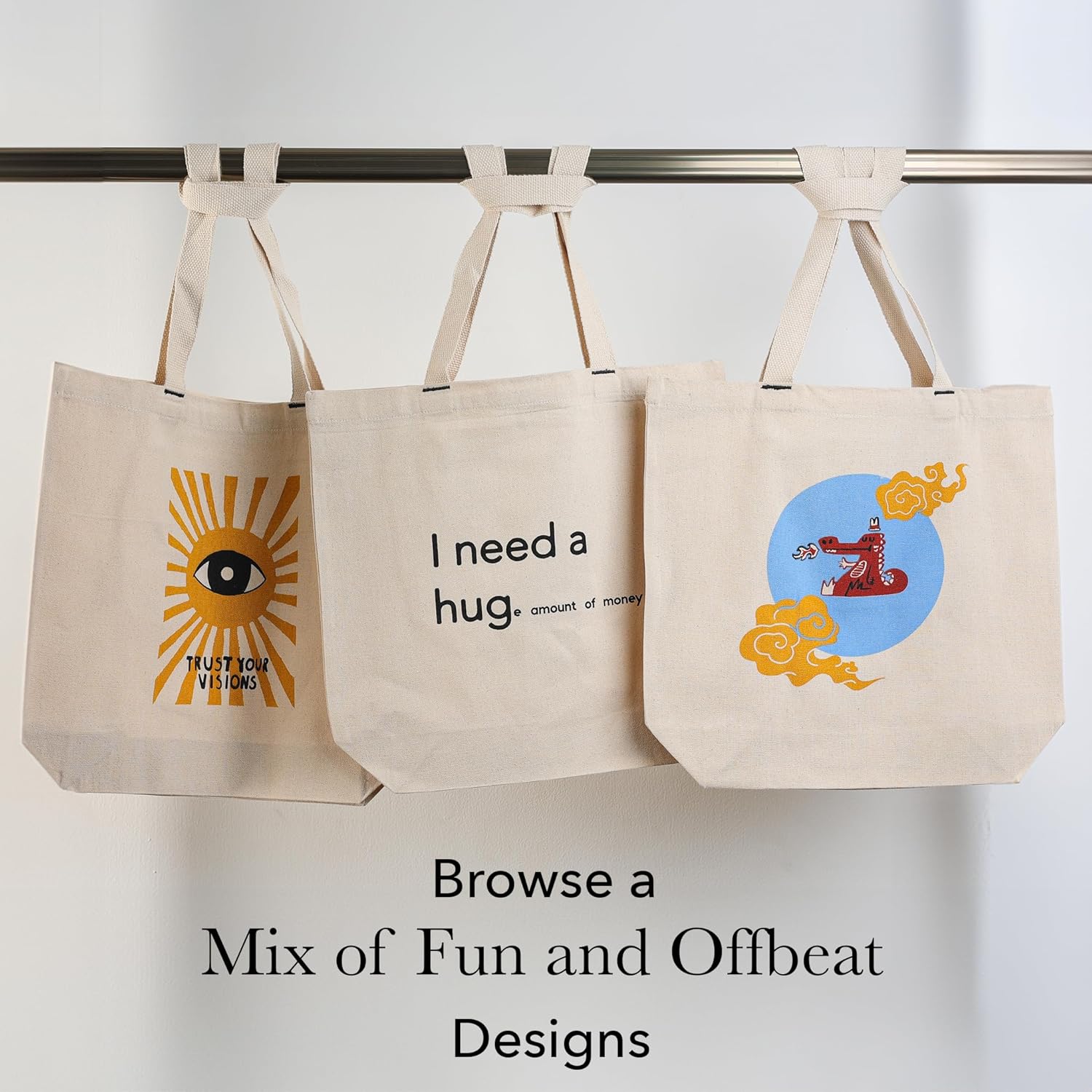 New Year Sale Amazon Brand- Eono, 100% Cotton Cloth Bag,Reusable Tote Bags,Shopping Bag For Grocery, Vegetable Bag For Shopping, Aesthetic Carry Bag, Aesthetic Bags For College, Folding Bag - Style2